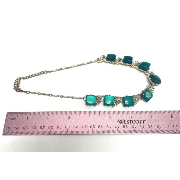 Coro Signed Vintage 1940's Green Turqouis Lucite Thermoset Silver Necklace - Picture 7 of 9